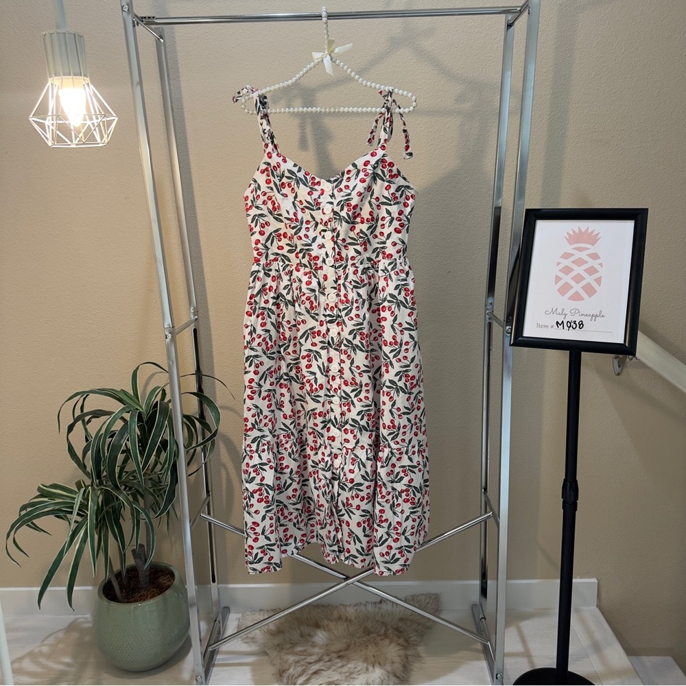 Melloday size L cotton linen smocked back pockets spaghetti straps cherry midi